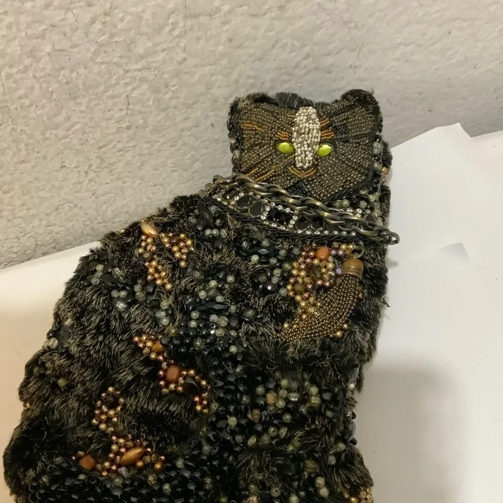 MARY FRANCES Beaded Cat Purse handbag with chain strap